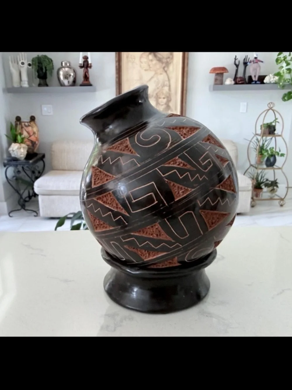 Signed Gerald Gaitan Nicaraguan Blackware Pottery Olla Vase Geometric Incised
